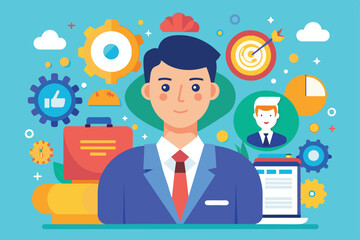 Poster - a professional man stands confidently surrounded by various business tools and symbols representing 