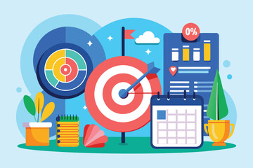Poster - A visual representation of planning activities with a target board, calendar, and strategy elements, emphasizing goal achievement and business scheduling