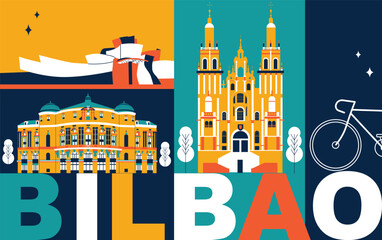 Wall Mural - Bilbao culture travel set, famous architectures and specialties in flat design. Business travel and tourism concept clipart. Image for presentation, banner, website, advert, flyer, roadmap, icons