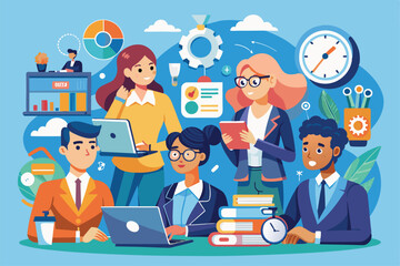Poster - A diverse business team actively discussing time management strategies while surrounded by digital tools and resources for enhanced productivity