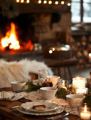 Aufkleber - A warm ambiance surrounds a dining table set with bowls, candles, and festive decor, illuminated by the crackling fireplace in a rustic setting. Generative AI