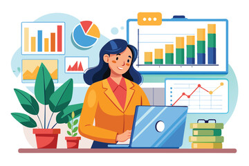 Poster - A professional woman reviews office financial data using a laptop, surrounded by charts, graphs, and plants in a contemporary workspace