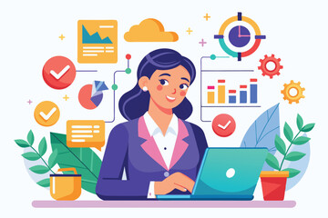 Poster - A business woman is focused on project planning, working on her laptop surrounded by data visualizations and productivity tools in a bright office setting