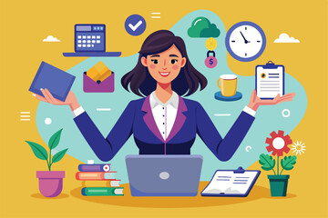 Wall Mural - A business woman balances different tasks, including using a laptop and organizing documents, showcasing her multitasking skills in a vibrant office setting