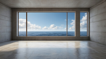 Wall Mural - 3d render of an empty concrete room with a large window on the sea background.