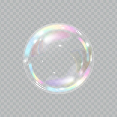 Soap bubble color spectrum on transparent background. Realistic air bubble 3D graphics glare and transparency effect. Vector illustration.