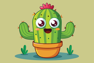 Poster - A joyful cactus character with big eyes and a vibrant flower smiles happily while sitting in a charming pot, surrounded by smaller green plants