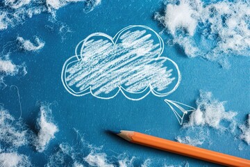 A simple illustration of a cloud and a pencil on a blue background