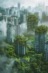 Aufkleber - Urban landscape with skyscrapers amidst greenery, ideal for architecture, urban planning, or environmental themes
