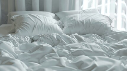 Aufkleber - A close-up of a bed with white sheets and pillows, perfect for interior design or lifestyle photography