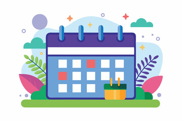 Poster - a flat illustration depicts a customizable calendar with colorful plants and geometric shapes enhanc