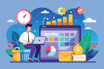 Poster - A data analyst focuses on trends and reports using a laptop, surrounded by a calendar, graphs, and financial symbols in an engaging workspace