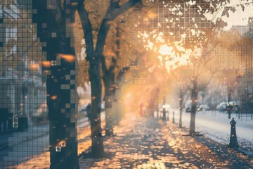Aufkleber - Sunbeams piercing through leafy canopy, urban scene
