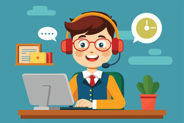 Poster - A friendly call center operator is engaged at his desk with a computer, wearing headphones and smiling, surrounded by a plant and a few office supplies