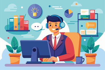 Poster - A call center operator assists customers with inquiries from a modern work desk filled with plants and technology