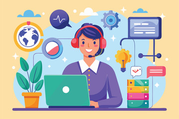 Poster - A remote technical support professional utilizes a laptop and headset to assist clients while surrounded by digital support tools and a plant