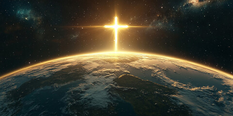 The Earth seen from space with the golden cross of Jesus centered in front, with a glowing light emanating out to all corners of the plane