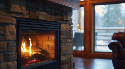 Poster - The warm glow from the fireplace creates an inviting atmosphere, perfect for relaxation and comfort during a cold winter evening indoors. Generative AI