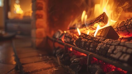 Aufkleber - A roaring fireplace filled with crackling logs offers warmth and comfort, inviting relaxation on a cool evening. Generative AI