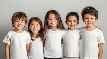 Wall Mural - Group of children in white t-shirts mockup for prints