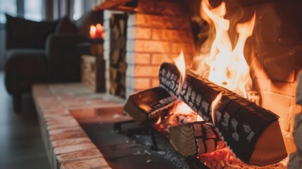 Aufkleber - The roaring fireplace fills the room with warmth, creating a cozy atmosphere perfect for relaxing and enjoying the evening. Generative AI