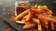 © AndreyFrol - French fries generously sprinkled with branded seasoning or spice on a black background. There's a jar of accent seasoning next to it.