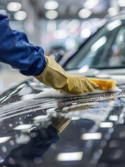 Poster - A person is cleaning and polishing the interior surfaces of a car using a sponge and cleaning solution under bright lights. Generative AI