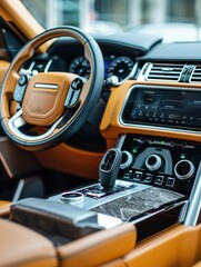 Poster - Cleaning and polishing the interior of a luxury car, focusing on the dashboard and steering wheel for a pristine finish. Generative AI