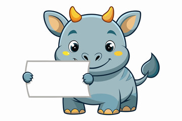 Poster - A charming cartoon baby rhino smiles while holding up a blank sign, ready for fun and creativity in a bright, playful environment