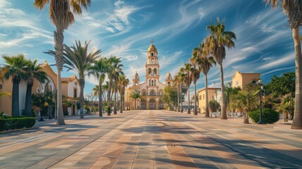 Aufkleber - Street scene with palm trees and tall building, perfect for urban or tropical architecture images
