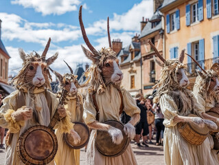 Wall Mural - A group of people dressed in rabbit costumes are playing drums. The scene is lively and fun, with the people dressed in bright colors and the drums adding to the festive atmosphere