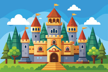 Canvas Print - A vibrant cartoon castle stands tall amid green trees and fluffy clouds, offering a whimsical touch to a fantastical landscape filled with adventure