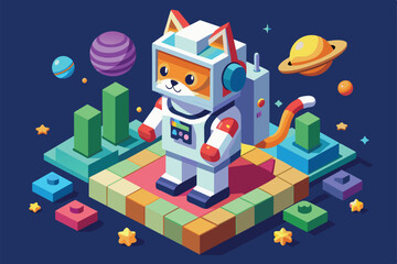 Poster - A cat dressed as an astronaut stands on a vibrant platform amidst planets and stars in a playful isometric space setting