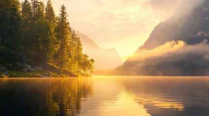 Wall Mural - serene curved lakeshore reflects golden sunrise misty mountains in distance