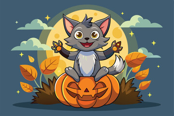 Sticker - A playful cartoon cat with large eyes sits atop a carved pumpkin surrounded by autumn leaves against a night sky with a full moon