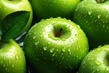 Green Apples and Water Droplets. The glistening water droplets on the green apples create a sense of purity and revitalization. generative AI