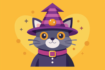 Sticker - A playful cat wearing a purple witch hat sits against a vibrant yellow backdrop, radiating charm and whimsy