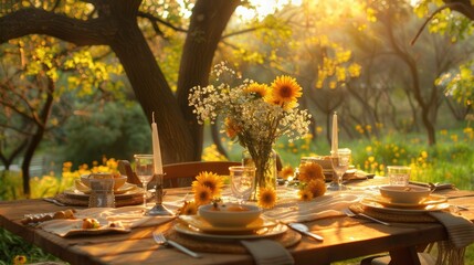 Wall Mural - A rustic wedding table with wooden planks, candles and wildflowers in vases