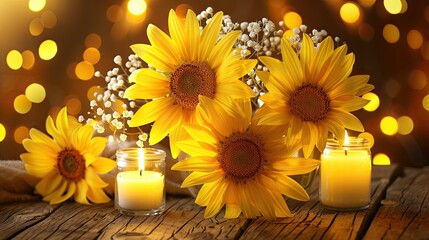 Sticker - A rustic wooden table with yellow sunflowers 