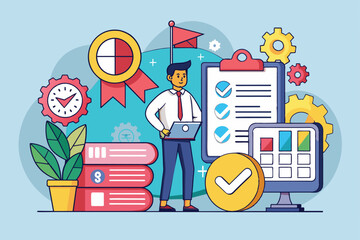 Wall Mural - A business professional stands confidently with a laptop, surrounded by charts, gears, and documents, illustrating efficient project management