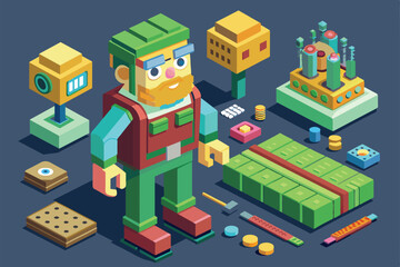 Poster - a vibrant isometric design features a customizable character surrounded by diverse bits, resources, 