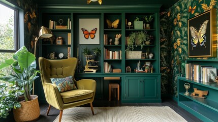 Wall Mural - A cozy home office with vibrant butterfly decor and lush greenery in afternoon sunlight