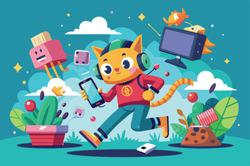 Poster - A vibrant cat character joyfully runs while interacting with a smartphone, surrounded by playful digital elements and lively flora