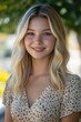 © BrandwayArt - College girl with blonde hair smiling outdoors on a sunny day