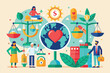 © Iftikhar alam - A lively illustration showcases a diverse group collaborating on sustainable projects for social good, emphasizing heart-based global unity
