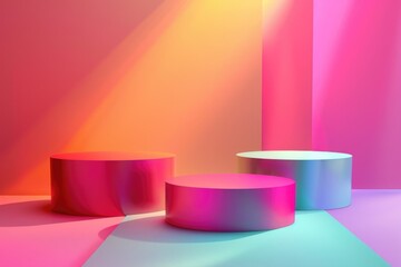 Poster - Three colorful round tables in a bright and modern meeting space, ideal for team collaboration or brainstorming