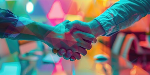 Poster - Two people exchanging business cards or sealing a deal in a modern conference room