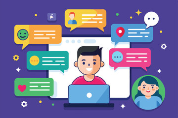Poster - A person interacts with a laptop while various colorful chat bubbles display emojis and messages, illustrating a dynamic online communication experience