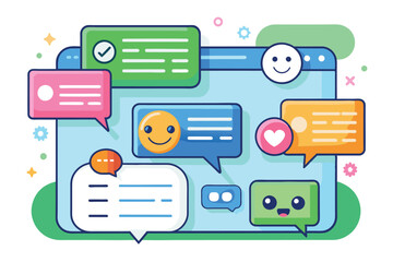 Poster - A vibrant display of colorful chat bubbles filled with emoticons, showcasing the excitement of online conversations in a cheerful setting