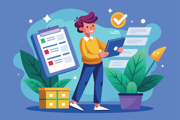 Poster - a cheerful character reviews tasks and checks boxes while standing in a vibrant workspace surrounded